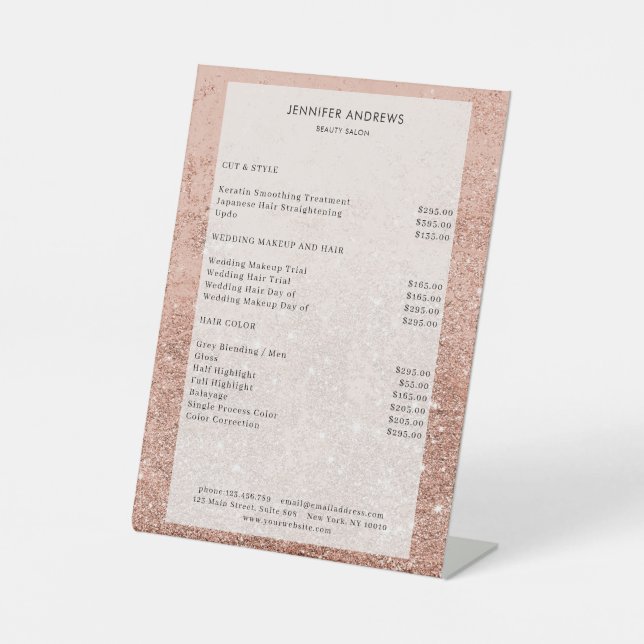 Moderner Pfirsich Glitzer Salon Price Sockelschild (Vorderseite)