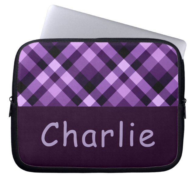 Moderner Pflaume Lila Karierter Monogramm-Laptop-S Laptopschutzhülle (Vorderseite)