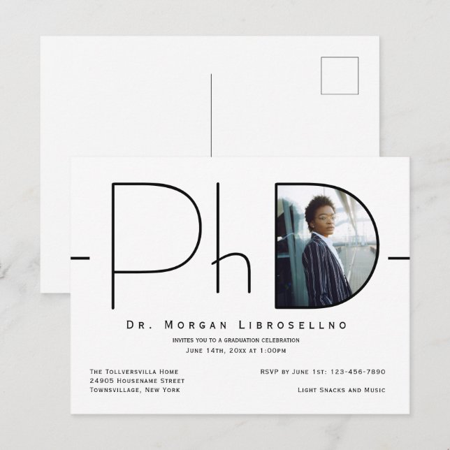 Moderner PhD-Abschluss für Foto Einladungspostkarte (Vorne/Hinten)