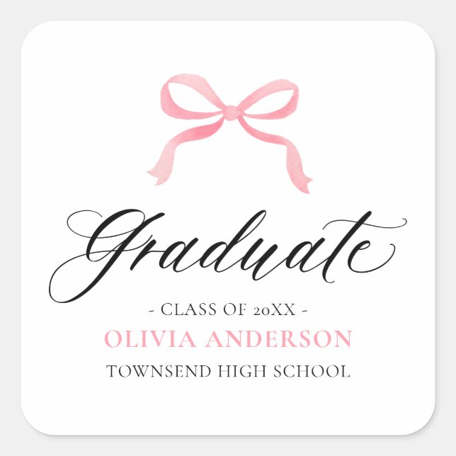 Moderner Pink Bow Coquette Graduate Abschluss Quadratischer Aufkleber (Vorderseite)