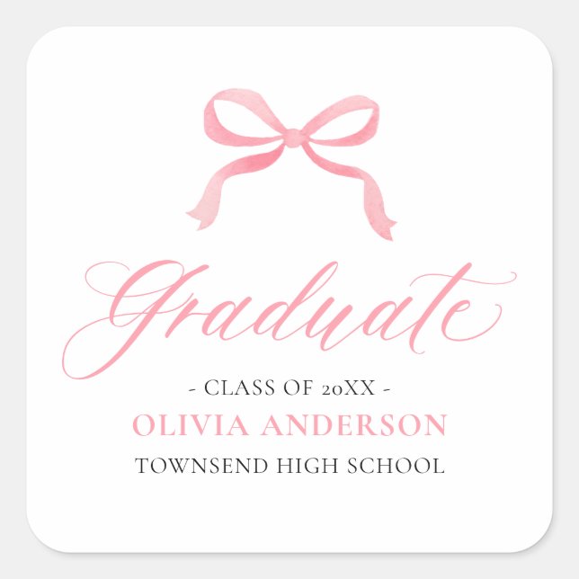 Moderner Pink Bow Coquette Graduate Abschluss Quadratischer Aufkleber (Vorderseite)
