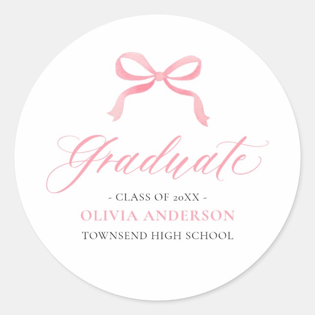 Moderner Pink Bow Coquette Graduate Abschluss Runder Aufkleber (Vorderseite)