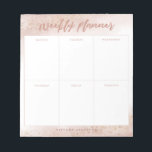 Moderner Pink Gold Watercolor Wochenplaner Notizblock<br><div class="desc">Eleganter und moderner Wochenplaner. Auf dem Notizblock befinden sich 6 Kästchen,  um den Zeitplan aufzuschreiben und für jeden Wochentag zu planen. Der Hintergrund ist in einer hübsch rosa Aquarellfarbe mit Imitaten goldenen Glitzer. Passen Sie dieses Produkt an,  indem Sie unten Ihren Namen hinzufügen.</div>