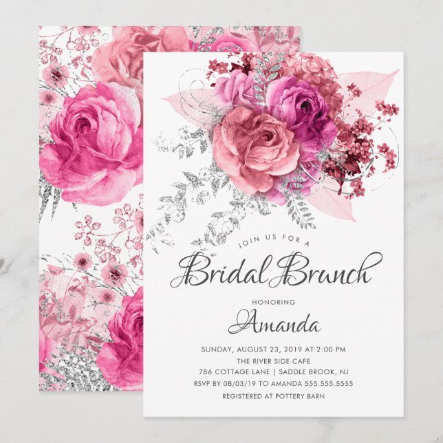 Moderner Pink und Silver Floral Bridal Brunch Einladung (Vorne/Hinten)