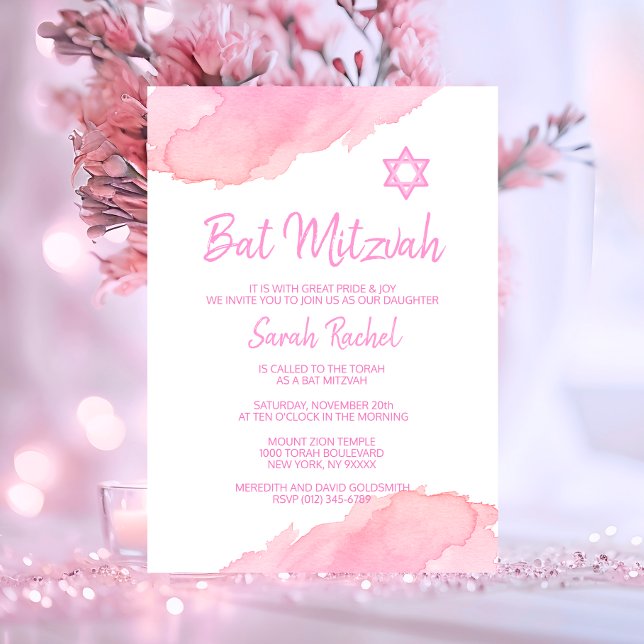 Moderner PINK Watercolor Star von David BAT MITZVA Einladung (Modern PINK Watercolor Star of David BAT MITZVAH Invitation)