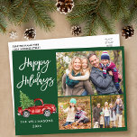 Moderner Pinselskriptwagen 3 Foto Grüner Urlaub Postkarte<br><div class="desc">Modern Brush Script Wasserfarbe Vintager roter LKW mit Weihnachtsbaum - Happy Holidays Familie 3 Foto Grüne Postkarte</div>