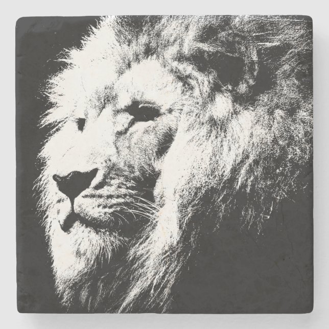 Moderner Pop Schwarz-Weiß-Lion-Kopfvorlage Steinuntersetzer (Vorderseite)