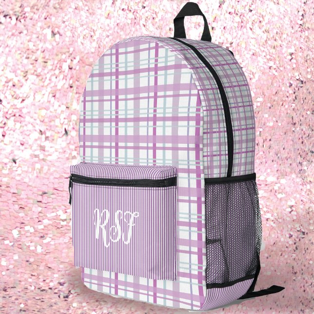 Moderner Preppy-Lavendel Kariert und Stripe Girly Bedruckter Rucksack (Von Creator hochgeladen)