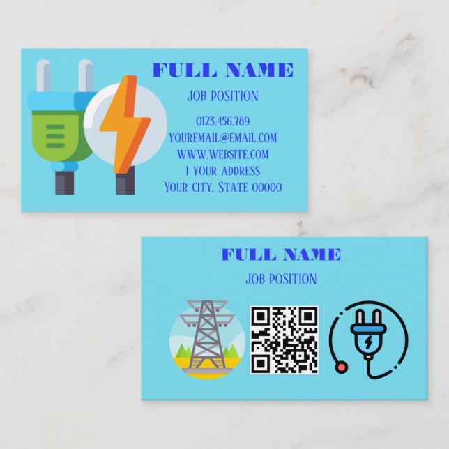 Moderner professioneller Elektriker QR-Code Hellbl Visitenkarte (Vorne/Hinten)