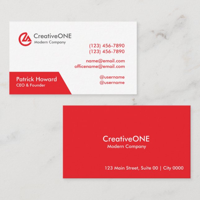 Moderner professioneller Rot-Weiß-CreativeONE-Bold Visitenkarte (Vorne/Hinten)