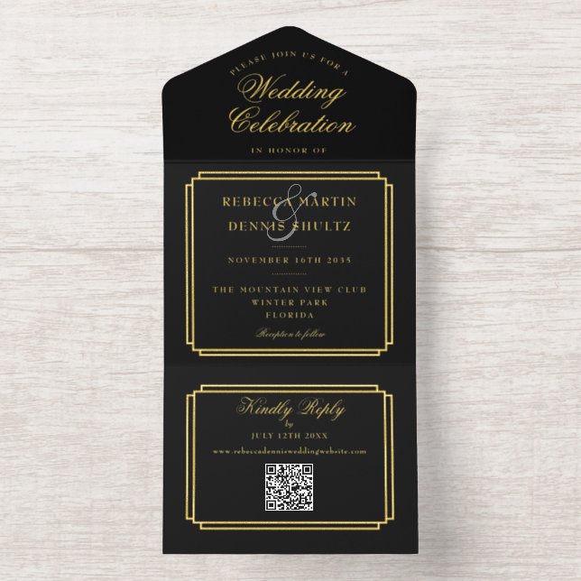 Moderner QR Code Art Deco Monogram Wedding Foil All-in-One-Einladung (Innenseite)