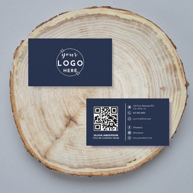 Moderner QR-Code Custom Logo Social Media Navy Blu Visitenkarte (Von Creator hochgeladen)