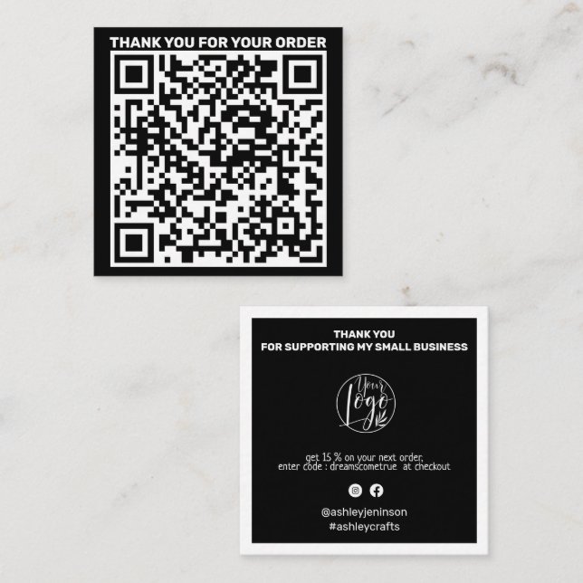 Moderner QR-Code danke, Schwarz-weiß bestellen Quadratische Visitenkarte (Vorne/Hinten)
