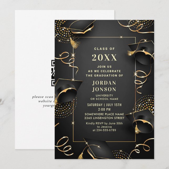 Moderner QR-Code der Golden Black Graduation Party Einladung (Vorne/Hinten)
