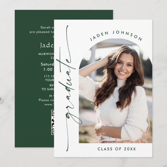 Moderner QR-Code der Minimalistischen FOTO Graduat Einladung (Vorne/Hinten)