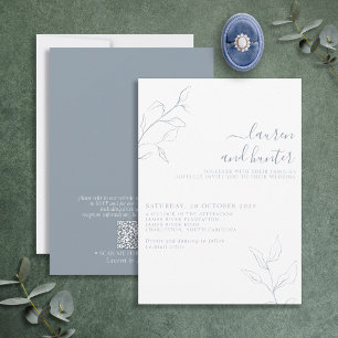 Moderner QR Code Dusty Blue Script Botanische Hoch Einladung