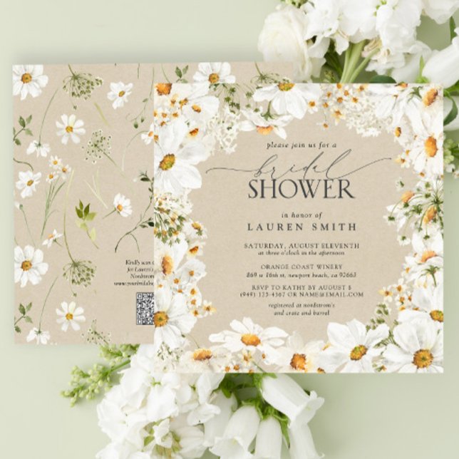 Moderner QR-Code Elegantes Daisy Rustikales Brautp Einladung (QR Code Bridal Shower Invitation)