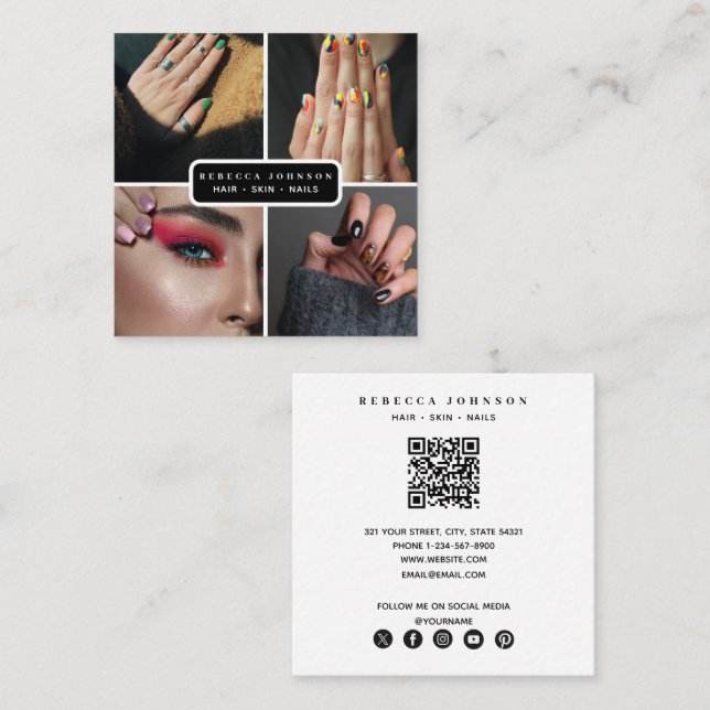 Moderner QR-Code für 4 Foto Hair Skin Nail Salon Quadratische Visitenkarte (Vorne/Hinten)