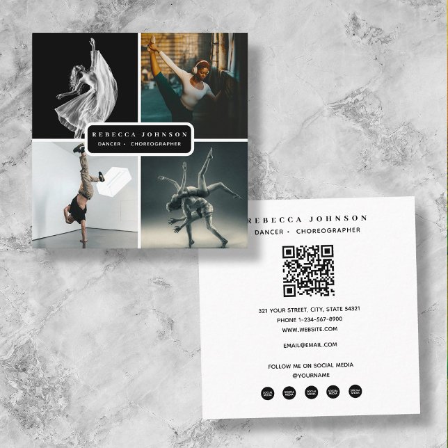 Moderner QR-Code für 4 Foto-Tänzer Quadratische Visitenkarte (Modern 4 Photo Dancer Choreographer QR Code Square Business Card)