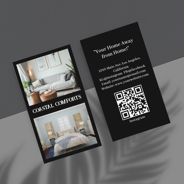 Moderner QR-Code für Black Vacation Rental Visitenkarte (Von Creator hochgeladen)