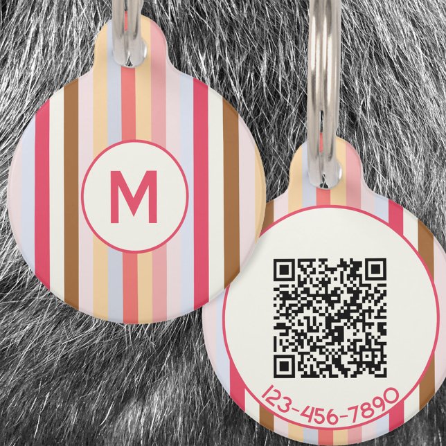 Moderner QR-Code für Erstklebestreifen mit Monogra Haustiermarke (Pastel stripe monogram initial personalized QR code pet tag)