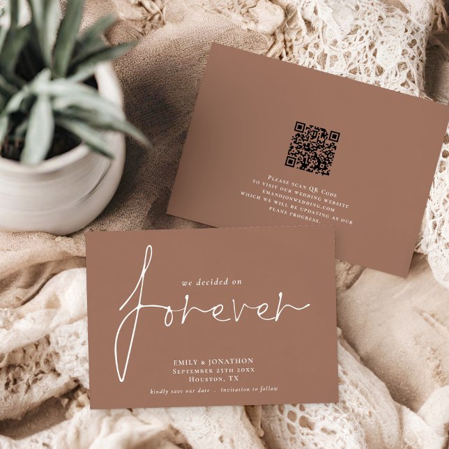 Moderner QR-Code für Forever Soft Brown Save The Date (Front and back view)