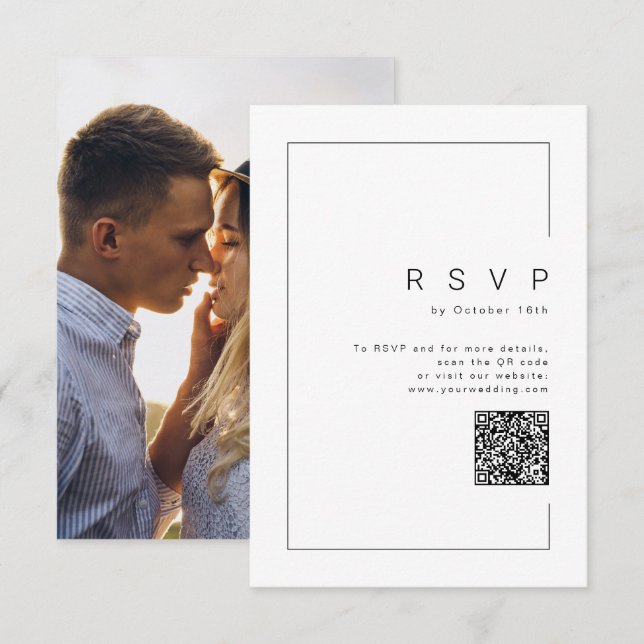 Moderner QR-Code für Hochzeit von Fotos mit minima RSVP Karte (Vorne/Hinten)