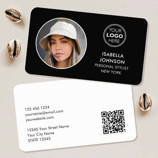 Moderner QR-Code für Minimalistisches Foto Schwarz Visitenkarte (Von Creator hochgeladen)