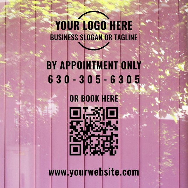 Moderner QR-Code für schwarze Logos nur bei Ernenn Fensteraufkleber (Modern "By Appointment Only" business window cling in black with custom logo, QR code, phone number.)
