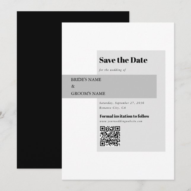 Moderner QR-Code für Schwarzweiß-Hochzeiten Save The Date (Vorne/Hinten)