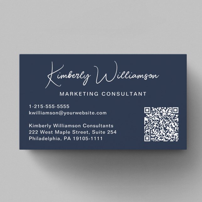 Moderner QR-Code im Schriftstil Professional Blau Visitenkarte (Modern Script QR Code Professional Blue Business Card)