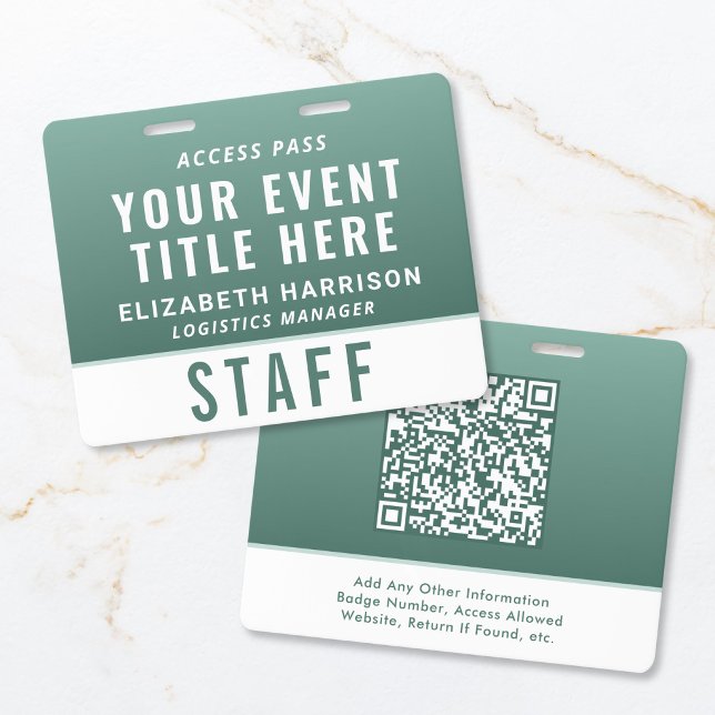 Moderner QR-Code Sage-Grüner Ereigniszugangsauswei Ausweis (Modern QR Code Sage Green Event Access ID Badge)