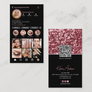 Moderner QR Code & Socials Pink Glitzer Visitenkarte
