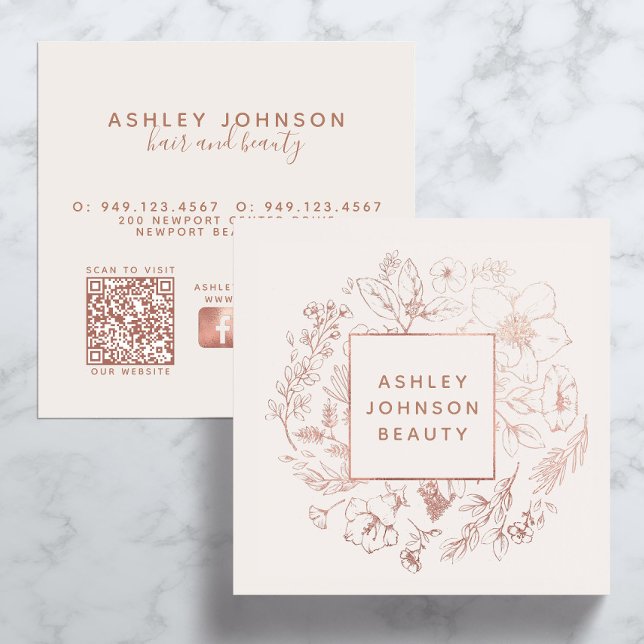 Moderner QR-Code Weibliche Girl Blush Pink Botanis Quadratische Visitenkarte (QR Code Social Media Business Card)