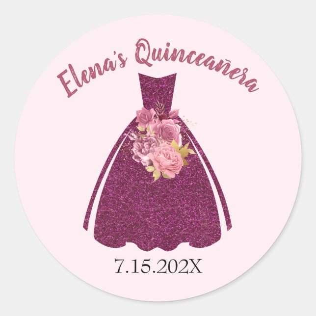 Moderner Quinceañera Glitzer Gown Runder Aufkleber (Vorderseite)