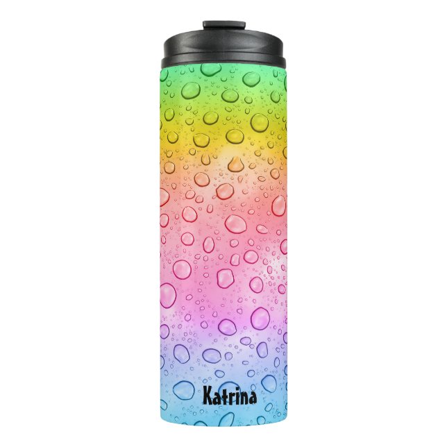 Moderner Rainbow-Raindrops-Individuelle Name Thermosbecher (Vorderseite)