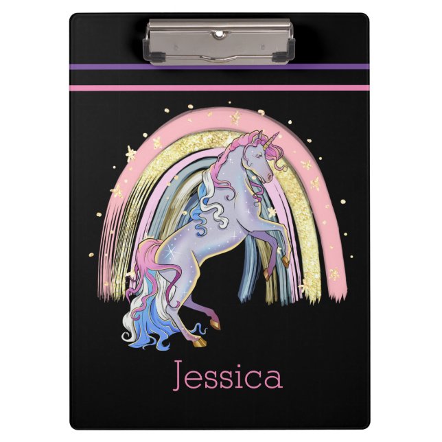 Moderner Rainbow Unicorn-Glitzer Klemmbrett (Vorderseite)