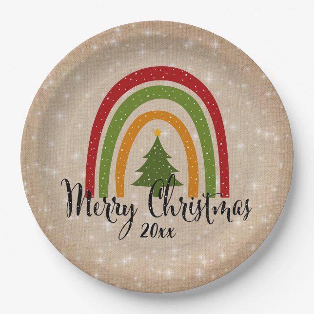 Moderner Rainbow Weihnachtsbaum 20xx Add Year 9" Pappteller (Vorderseite)