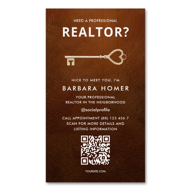 Moderner Realtor Real Anwesen Leather Ernennung QR Magnetische Visitenkarte (Vorderseite Vertikal)