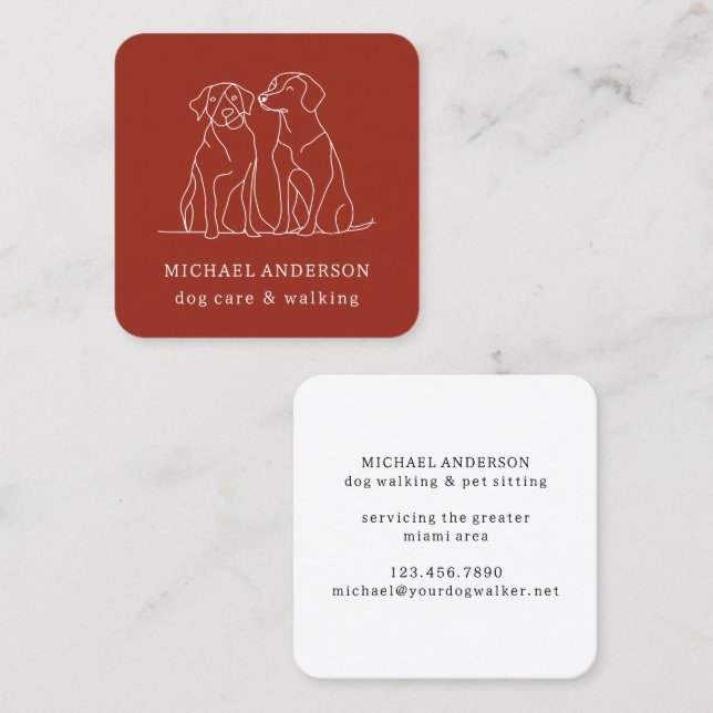 Moderner Red Dog Walking Dog Walker Pet Sitter Quadratische Visitenkarte (Vorne/Hinten)