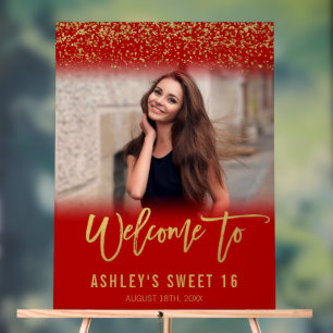 Moderner Red Gold Glitzer Sweet 16 Foto Willkommen Acrylschild