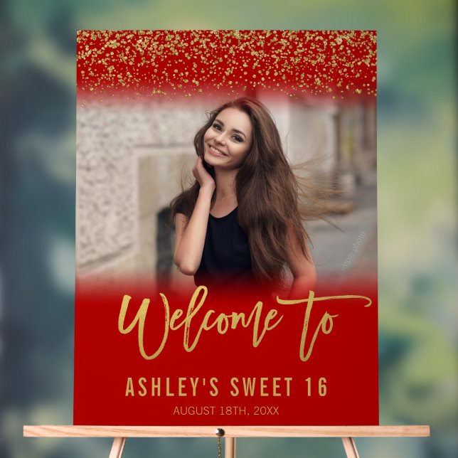 Moderner Red Gold Glitzer Sweet 16 Foto Willkommen Acrylschild (Neutral)