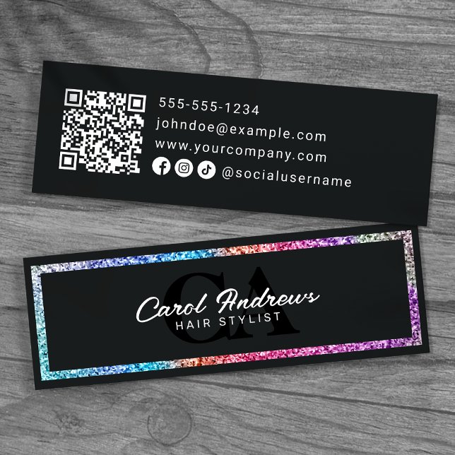 Moderner Regenbogen-Glitter und schwarzer QR-Code  Mini Visitenkarte (Von Creator hochgeladen)