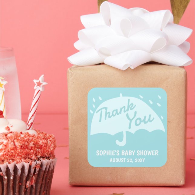 Moderner Regenschirm Baby Shower Boy Danke Quadratischer Aufkleber (Party)