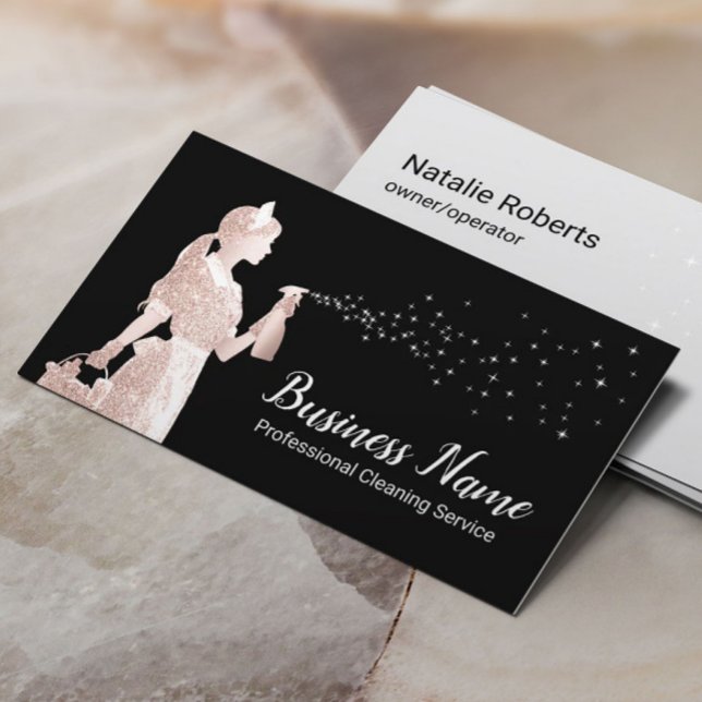 Moderner Reinigungsservice Rose Gold Maid Black Visitenkarte (Von Creator hochgeladen)