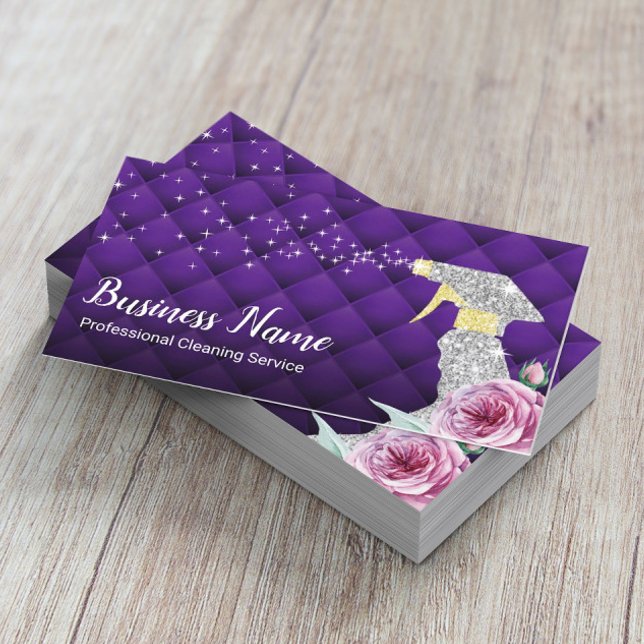 Moderner Reinigungsservice Silver Spray Luxus Lila Visitenkarte (Von Creator hochgeladen)