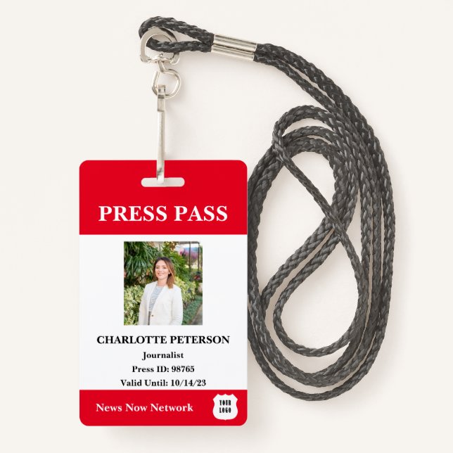 Moderner Reporter-Pressepass Ausweis (Vorderseite mit Schlüsselband)