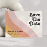 Moderner Retro-70er-Regenbogen Save the Date horiz<br><div class="desc">Diese moderne Retro-70er Jahre Regenbogen horizontal Save the Date ist perfekt für Ihre einfache Vintage Orange, Rose Gold und rot rosa Hochzeit. Entworfen mit Elementen eines klassischen, farbenfrohen Boho-Bohbogens und groovy minimalistischen Streifen. Das Design hat ein einzigartiges abstraktes tropisches Strandgefühl, das für jeden Frühling, Sommer oder Hochzeit im Herbst geeignet...</div>