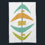 Moderner Retro Boomerang Mitte des Jahrhunderts Geschirrtuch<br><div class="desc">Dieses kleine,  moderne Küchenhandtuch mit verschiedenen hängenden Bumerang- und Rechteck-Formen in einer Kombination von Farben - Türkis Blau,  Orange,  Avocado Grün und Blau. Dies wird eine charmante Ergänzung zu Ihrer Wohngestaltung. Teil der Sammlung Mid Century Vibrant.</div>