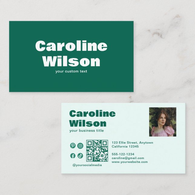 Moderner Retro Emerald Beruflich Foto QR Code Visitenkarte (Vorne/Hinten)